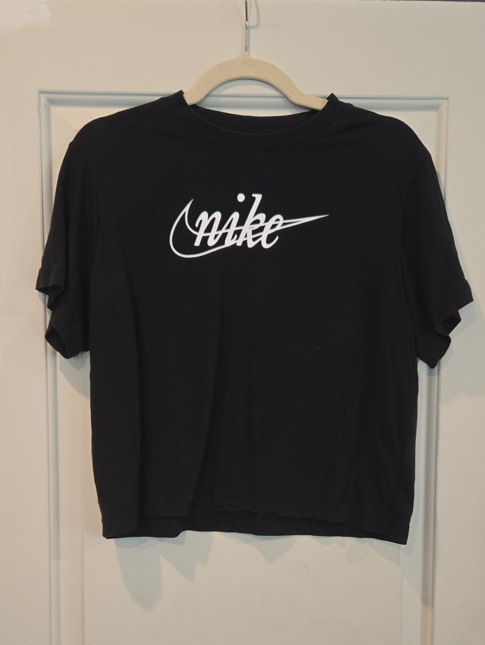 Nike Black Crop Tee with White Script Swoosh